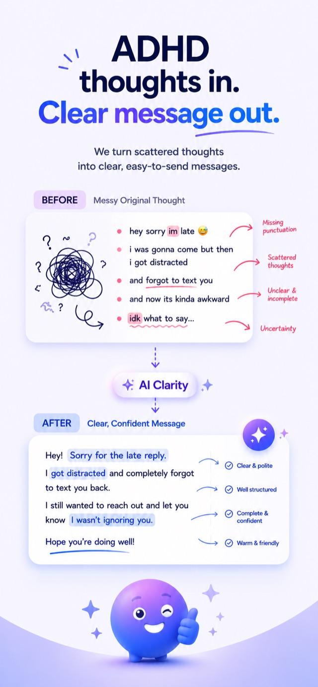Claireti: ADHD thoughts in, clear message out.